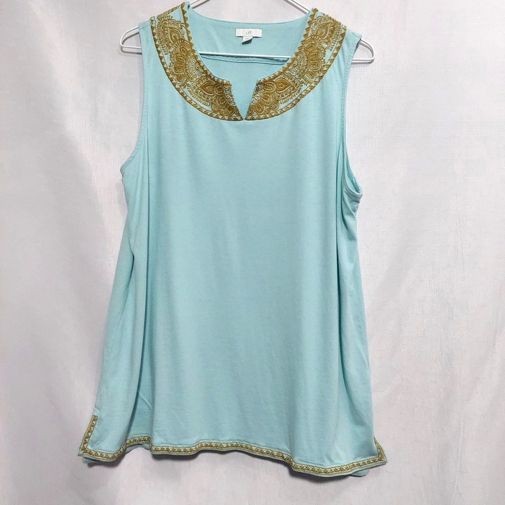J.Jill Womens Large Sleeveless Tank Top Aqua Gold Heirloom Style Embroidery Soft